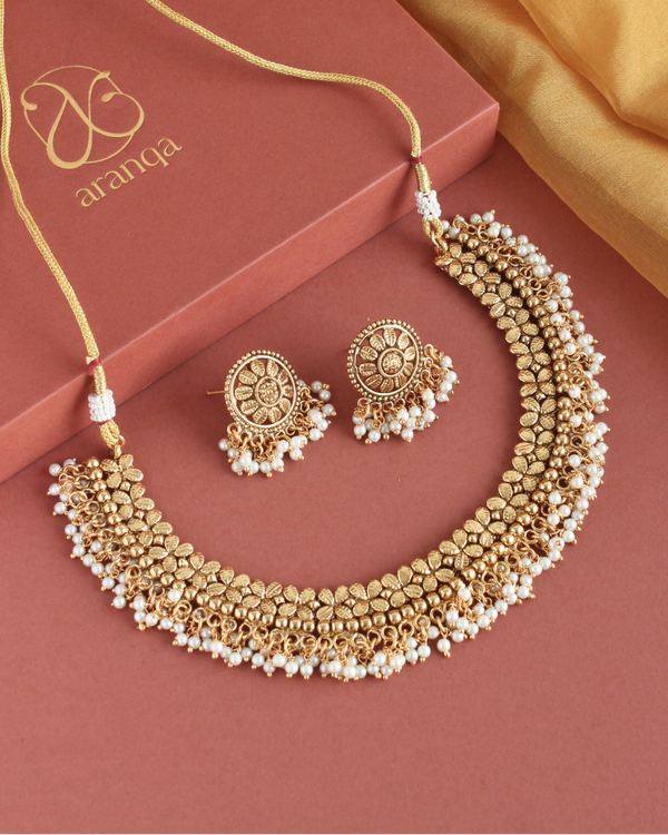 Chitra Antique Gold & Pearl Floral Necklace Set