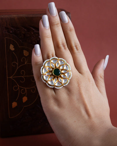 Amiya Statement Kundan Adjustable Ring - Emerald