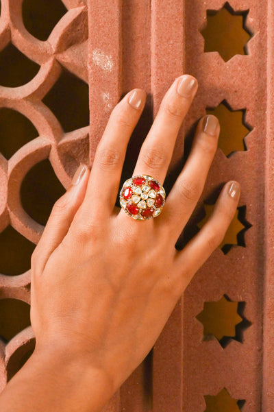 Manika Polki Kundan Adjustable Ring - Red
