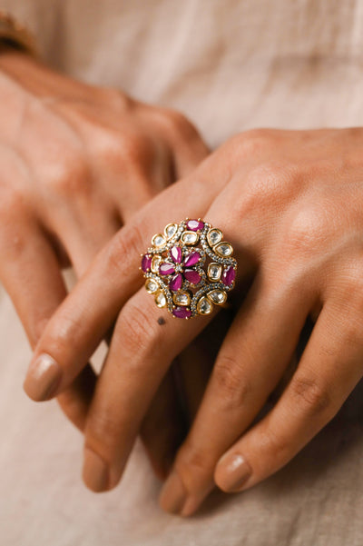 Hemani Polki Kundan Adjustable Ring- Pink
