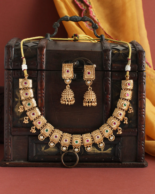 Nimra Antique Multicoloured Necklace Set with Earrings- Round